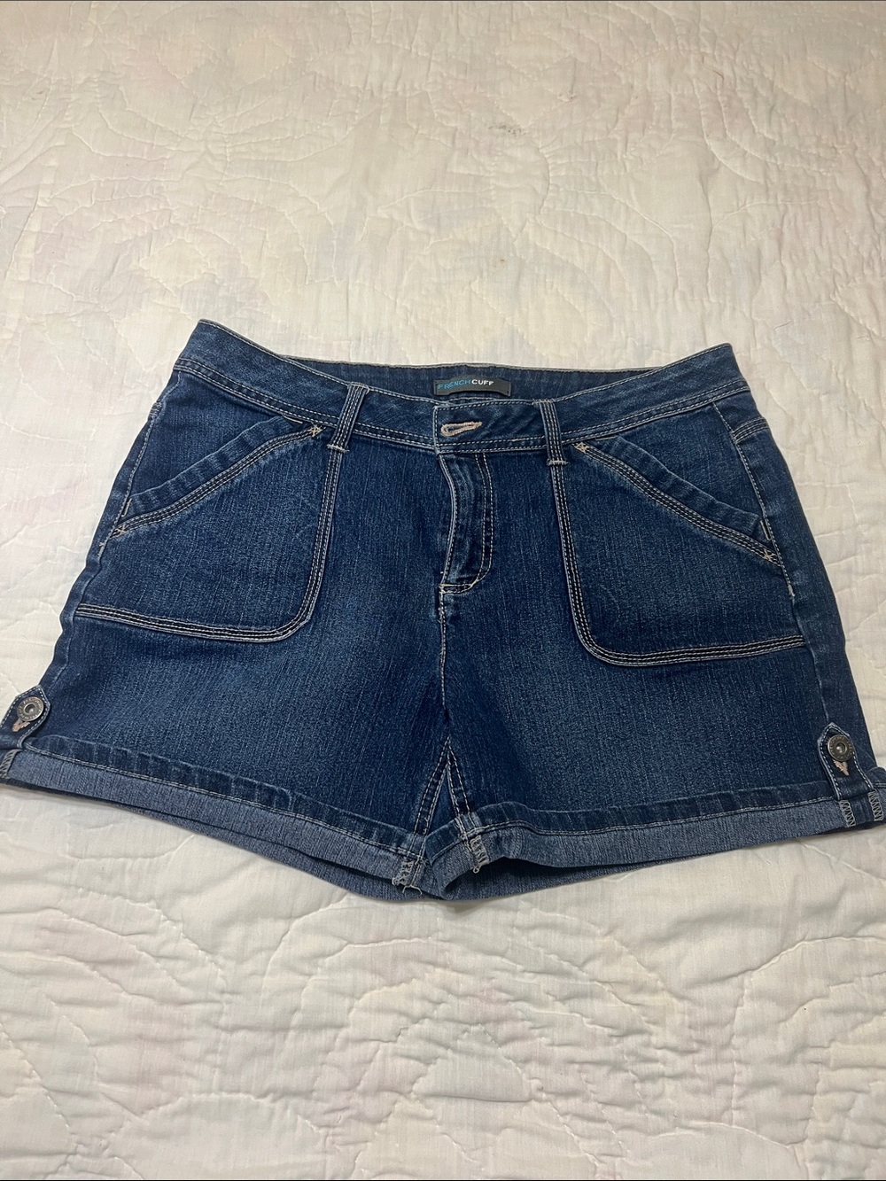 French Cuff Indigo Denim Jean Shorts with Button-Tab Hems